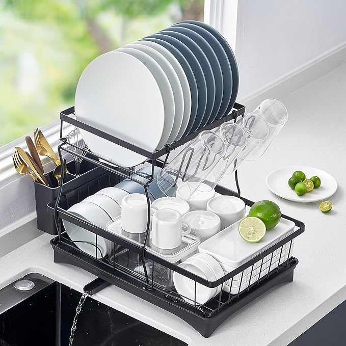 Dish Drying Rack, 2 Tier Dish Drainer with Removable Utensil Holder and Swivel, Durable High Carbon Steel Material, Larger Capacity, Easy Installation, Black