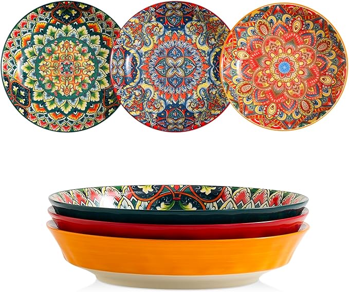 Ceramic Pasta Bowls Set - 8 inch 32 oz Serving Bowls, Set of 6, Colorful Dinner Bowls for Soup,Salad, and Pasta, Kitchen, Microwave, Dishwasher Safe, mexican, Bohemian Style