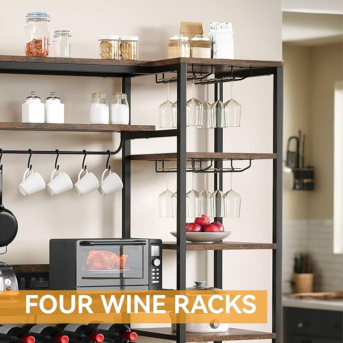 DWVO Baker Rack with Power Outlet, Microwave Stand W/Storage, 6-Tier Industrial Coffee Bar Cabinet W/Hook, Wine Rack & Goblet Holder, Wood & Metal Kitchen Shelf Organizer for Dining Room, Rustic Brown