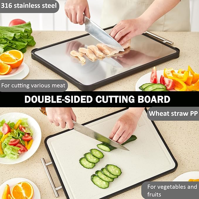 AceFly Stainless Steel Cutting Board, Dishwasher Safe Double Sided 316 Stainless Steel & Wheat Straw Cutting Board for Meat, Scratch Resistant & Non Toxic Chopping Board,Large Size 16" X 11"
