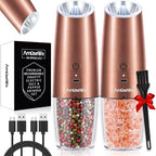 AmuseWit Gravity Electric Salt and Pepper Grinder Set [White Light] USB Rechargeable Automatic Pepper and Salt Mills,Adjustable Coarseness,One-Handed Operation, Copper