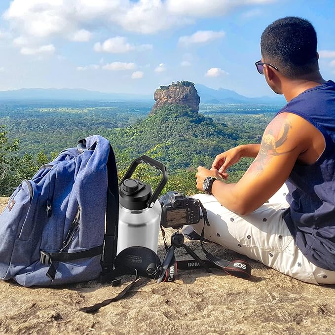 BJPKPK One Gallon(128 oz) Insulated Water Bottle, Dishwasher Safe Stainless Steel Thermos, BPA Free Jug with Ergonomic Handle & Anti-slip Bottom, Large Water Bottle,Stainless Steel