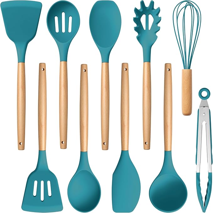 E-far Blue Silicone Cooking Utensils Set, 10-Piece Kitchen Utensils Set with Wooden Handle for Nonstick Cookware, Heat Resistant Kitchen Nonstick Tools Spatula Whisk Tongs Ladle, Non-toxic & Healthy