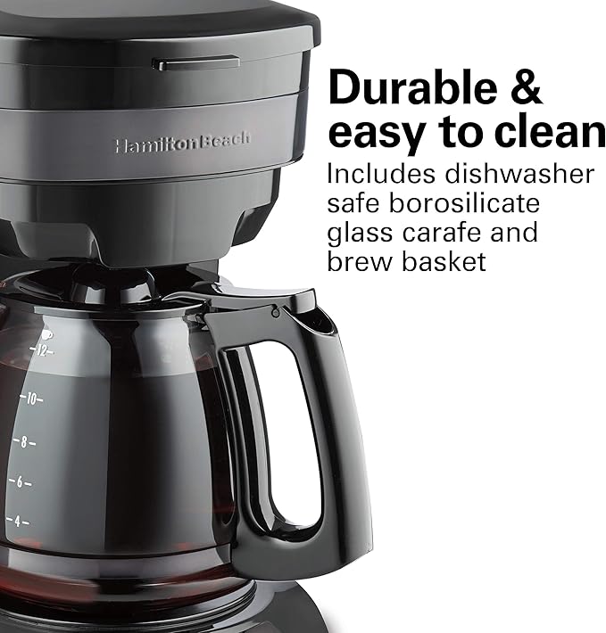 Hamilton Beach 12 Cup Programmable Drip Coffee Maker with 3 Brew Options, Glass Carafe, Auto Pause and Pour, Black Stainless (46293)