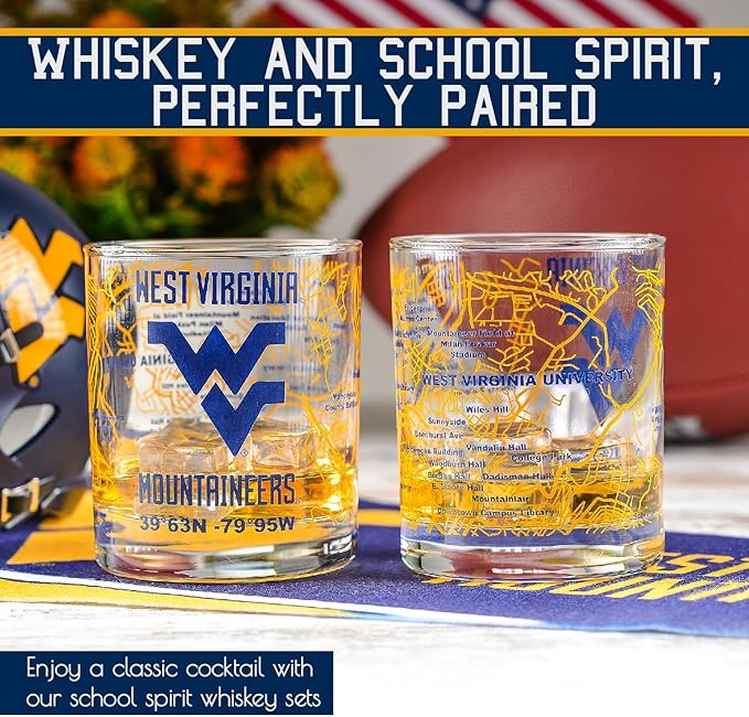 Greenline Goods – University of West Virginia Mountaineers College Whiskey Glasses (Set of 2), 10 oz – Full-Color Logo + Campus Map
