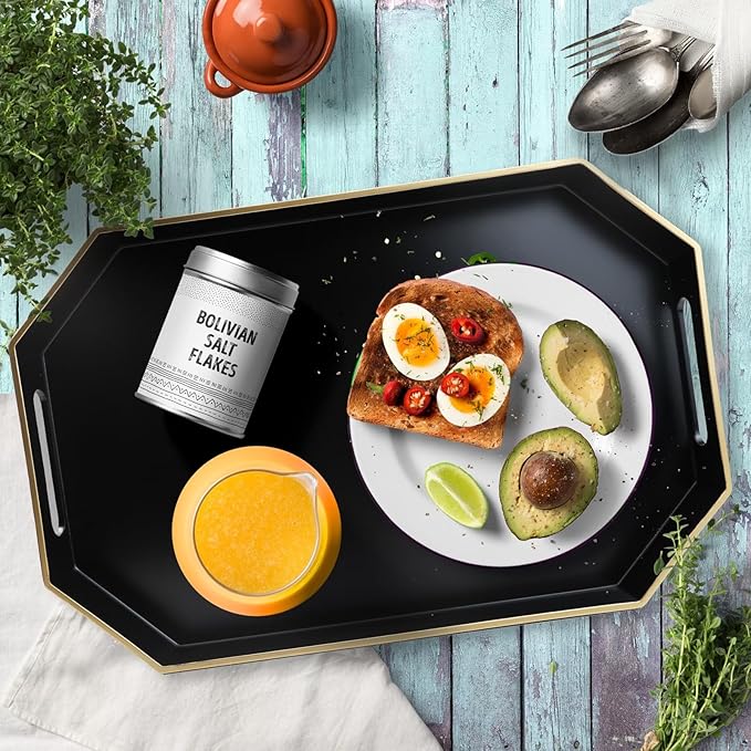 Black Decorative Tray with Handles, Octagon Versatile Serving Tray for Coffee Table, Ottoman, Ideal for Serving, Displaying, Organizing