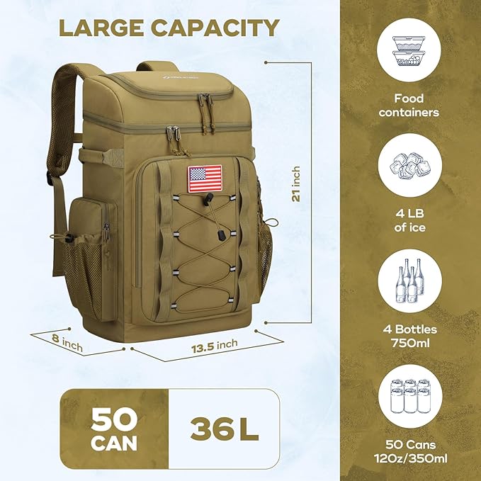 Maelstrom Backpack Cooler,Soft Lightweight Leakproof Tactical Cooler Backpack,50 Can Insulated Cooler Bag,Keeps 50 Cans Hot/Cold for Up to 16 Hours,Waterproof Lunch Bag for Men Women-Khaki