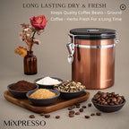 Mixpresso 16 Oz Copper Coffee Canister, Stainless Steel Airtight Coffee Container, Ground and Bean Storage with Date Tracker, Vacuum Sealed Espresso Airtight Container, Sugar Container
