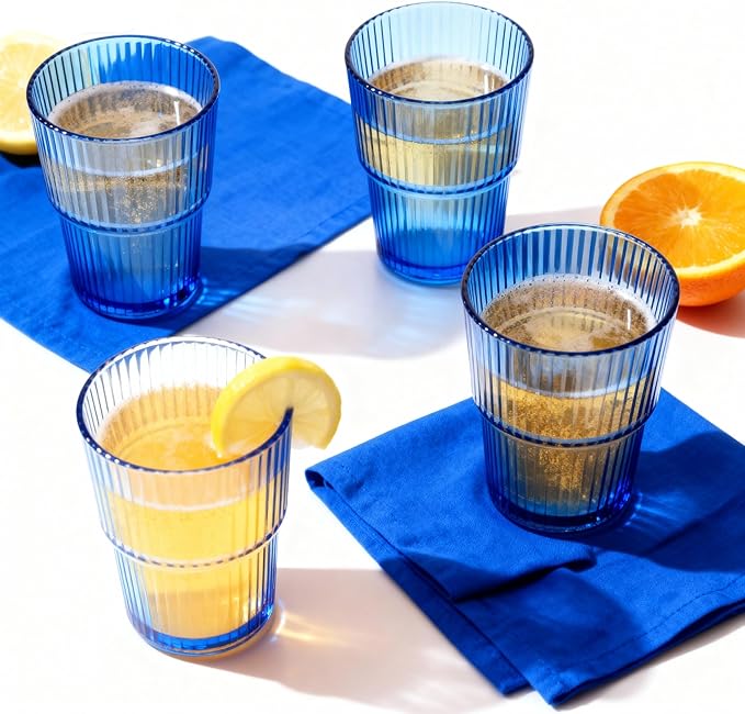 Blue Ribbed Glass Set of 4 14oz Highball Glass Stackable Vintage Durable for Water, Seltzer, Sparkling, Elegant Everyday Glassware