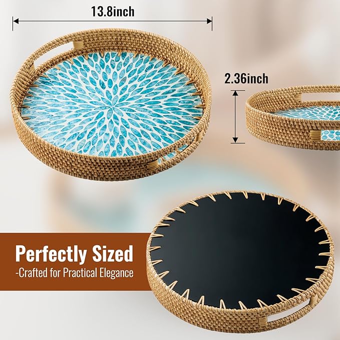 13.8 in Round Rattan Serving Tray with Handle, Mother of Pearl Inlay Wooden Base, Decorative Wicker for Table, Kitchen Island & Home Decor (Blue Leaf)