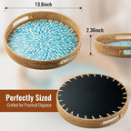 13.8 in Round Rattan Serving Tray with Handle, Mother of Pearl Inlay Wooden Base, Decorative Wicker for Table, Kitchen Island & Home Decor (Blue Leaf)