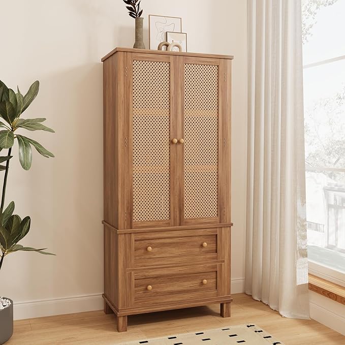 Garvee Pantry Cabinet, 72" Kitchen Pantry Storage Cabinet, Modern Farmhouse Kitchen Cupboard with Large Drawer, 2 Cabinets, 4 Adjustable Shelves, Freestanding Rattan Hutch for Dining Room Living Room