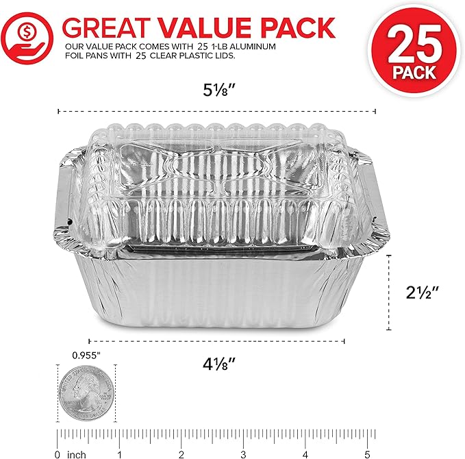 Stock Your Home 1 Lb Small Aluminum Pans with Lids (25 Pack) Foil Pans + Clear Plastic Lids, Disposable Cookware, Takeout Trays with Lids - To Go Disposable Food Containers for Restaurants & Catering