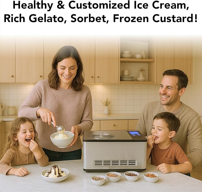 Whynter Ice Cream Maker Machine Automatic 2.1 Qt. with Built-In Compressor, LCD Digital Display & Timer, No Pre-Freezing, ICM-200LS, Stainless Steel