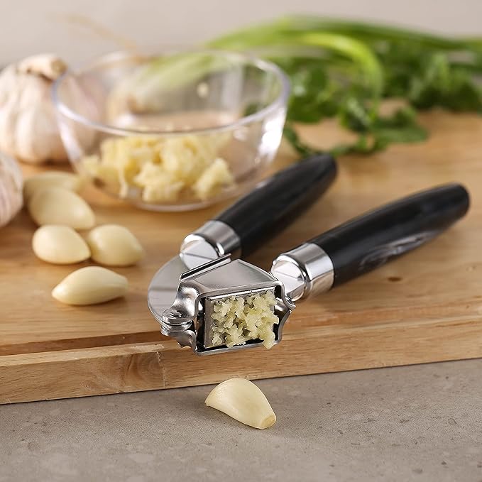 Stainless Steel Garlic Press for squeezing out garlic paste Garlic peeler,Mincing Garlic crusher,Easy Squeeze, Dishwasher Safe,Black,By Amber & Sean(Black Marbled)