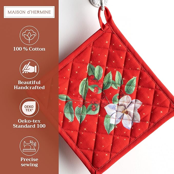 Maison d' Hermine Pot Holders Set 100% Cotton Heat Resistant Potholders 8" x 8" Hot Pads with Loop BBQ, Cooking, Baking, Grilling, Kitchen, Handling Hot Pans (Pack of 2, Noel)