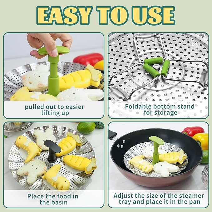 SHIKORI Steamer Basket,Stainless Steel Vegetable Steamer Basket Folding,Folding Expandable Steamers,Expandable to Fit Various Size Pot-T-Green 9 in