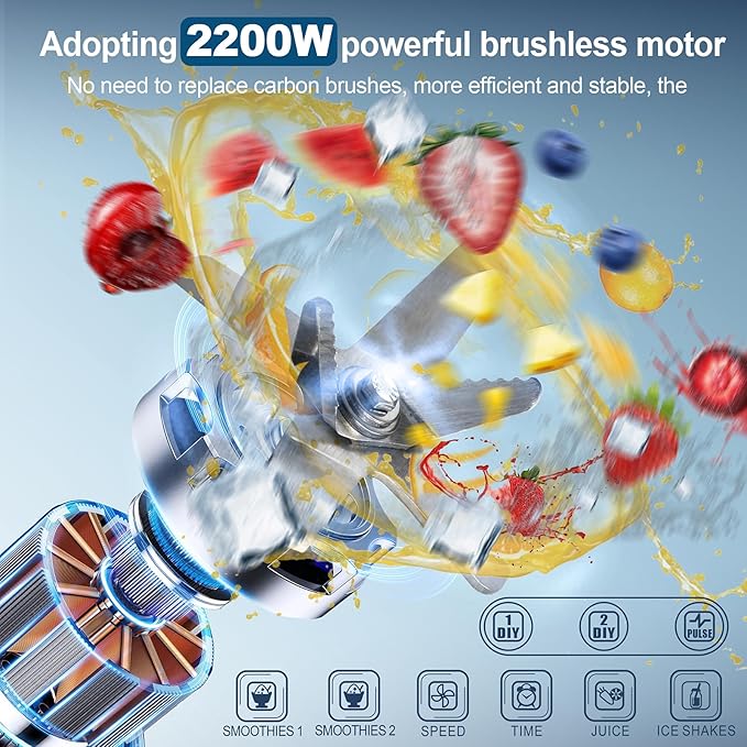 Commercial Blender 2200W 2.1QT 68OZ Quiet Blender Brushless Motors Commercial Smoothies, Frozen Drinks,Self-Cleaning，Electric Countertop Blenders Heavy-Duty,Silver Grey