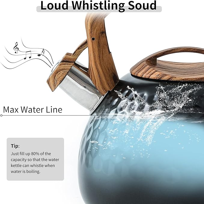 LONFFERY Tea Kettle for Stove Top, 3 Quart Whistling Tea Kettle, with Food Grade Stainless Steel and Wood Pattern Folding Handle, Black
