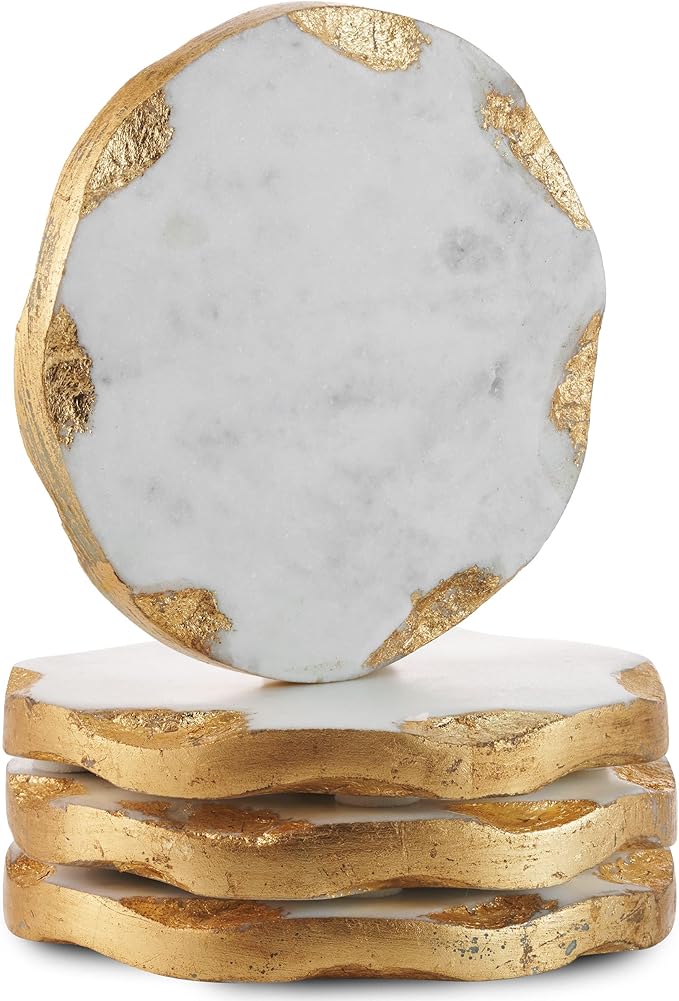 Godinger Round Coasters Gold Edge, Marble Coaster Set, Table Protection, Set of 4