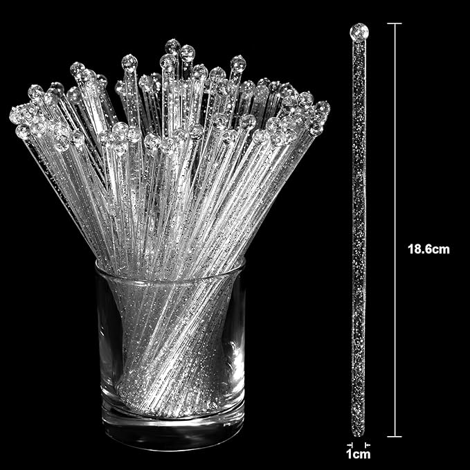 100 Pieces Disposible Plastic Round Top Crystal Swizzle Sticks (Silver)
