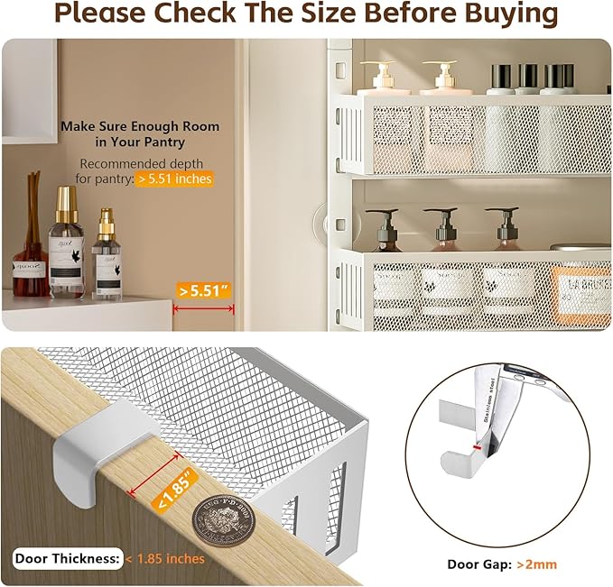 6-Tier Over The Door Pantry Organizer with Mesh Baskets, Adjustable & Stable Hanging Spice Rack for Kitchen, Bathroom, Bedroom, and Baby Essentials Storage (16" W 6-Tiers, White)