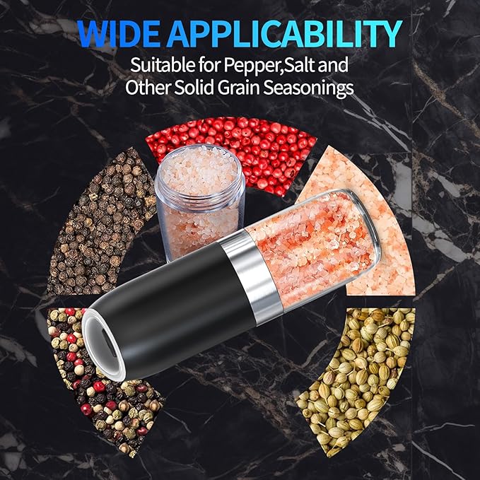 Battery Salt and Pepper Grinder Set-Gravity Electric Pepper Grinder,BoAn Automatic Spice Mill Refillable,Ceramic Larger Charmber,Adjustable Coarsenes,LED Light for Kitchen Housewarming Gifts New Home