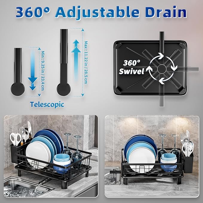 Dish Drying Rack, Space-Saving Dish Rack, Dish Racks for Kitchen Counter, Kitchen Dish Drainers with Removable Utensil Holder, Plate Rack and Drainboard, 11''W x 15''L, Black