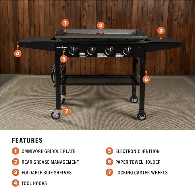 Blackstone 1554 36” Omnivore Griddle with Folding Side Shelves, Powder Coated Steel, Black