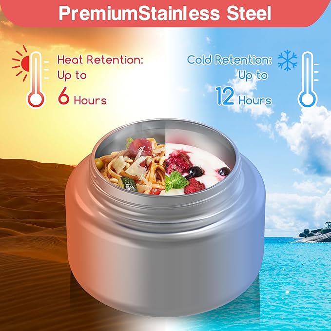 Bento Box for Kids - Leak-Proof Lunch Box with Insulated Thermos Food Jar - 4 Compartments, 1 Removable Divider, 1Spoon, 1 Fork - Dishwasher Safe, BPA-Free (Pink)