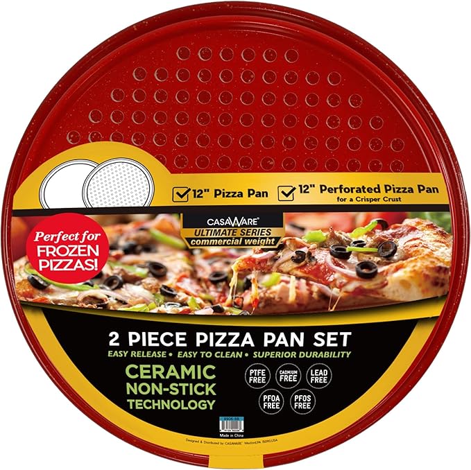 casaWare 2pc 12-inch Ultimate Pizza Pan Set, Nonstick, Ceramic Coated, (1) Solid, (1) Perforated (Red Granite)