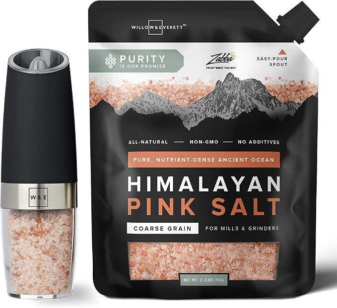 Willow & Everett Electric Salt and Pepper Grinder Set - 2 Battery-Operated, Automatic Salt and Pepper Shakers - Black and Stainless Steel Gravity Electric Salt Grinder & Pepper Mill for Seasoning