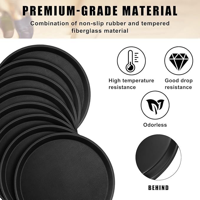 Zopeal 8 Pieces Black Round Restaurant Serving Tray, Plastic Non Slip Surface Food Meals Server Tray with Raised Edges for Home, Kitchen, Restaurant, Cafeteria, Bar (11")