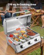 VEVOR Tabletop Gas Grill, 3-Burner Stainless Steel Portable Propane Grill, with Built-in Thermometer, Travel Locks, Weatherproof Lid, 22,500 BTU Total, for Outdoor Cooking, Patio, Party, Camping, RV