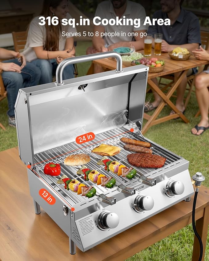 VEVOR Tabletop Gas Grill, 3-Burner Stainless Steel Portable Propane Grill, with Built-in Thermometer, Travel Locks, Weatherproof Lid, 22,500 BTU Total, for Outdoor Cooking, Patio, Party, Camping, RV
