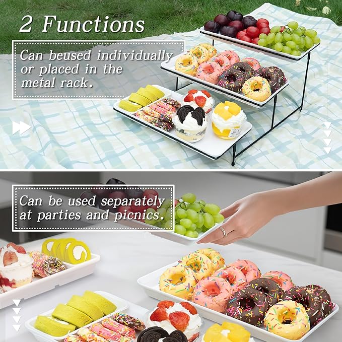 3 Tier Serving Tray for Party 14" White Reusable Dessert Table Display Set Black Metal Cupcake Stand Cookie Serving Platter for Serving Food Party Collapsible Sturdier Fruit Tiered Tray Stand Sturdier