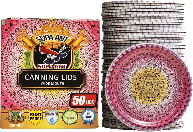 Supa Ant Thickest Canning Lids Wide Mouth (50 Pcs.) Food Grade Tin Can Lids for Canned Food -Buckle Proof & Rust Proof Lid for Canning Kit for Wide Mouth Mason Jars (Knitted Crochet) Canning Supplies