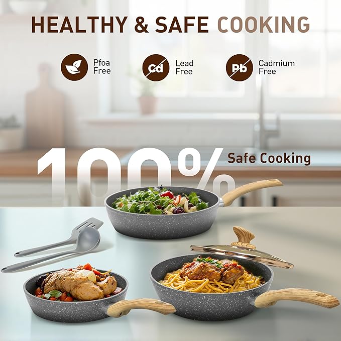 DishDelight Induction Pots and Pans Set, 12 Piece Nonstick Cookware, Granite Cooking Set with Frying Pans, Gray