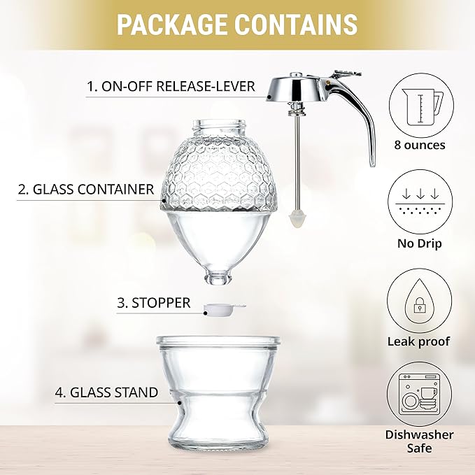 Stainless Steel Shaft, Glass Honey Dispenser, Chrome-Plated ABS Lid – No Drip Glass with Stand – 8 oz Honey Jar – Honeycomb Design Container – Honey Pot for Honey, Maple Syrup
