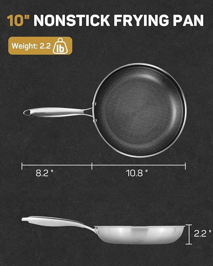 Stainless Steel Nonstick Frying Pan, Hybrid Ceramic 10-Inch Frying Pan, Stay-Cool Handle, PFAS & PFOA PTFE Free, Dishwasher & Oven Safe, Scratch-Resistant, Compatible with Induction & All Cooktops