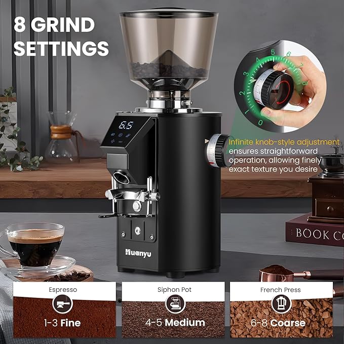 Huanyu Commercial Coffee Grinder - Touchscreen Control, 8 Grind Settings, 64mm Flat Burr, Dual Dosing Modes for Coffee Shops