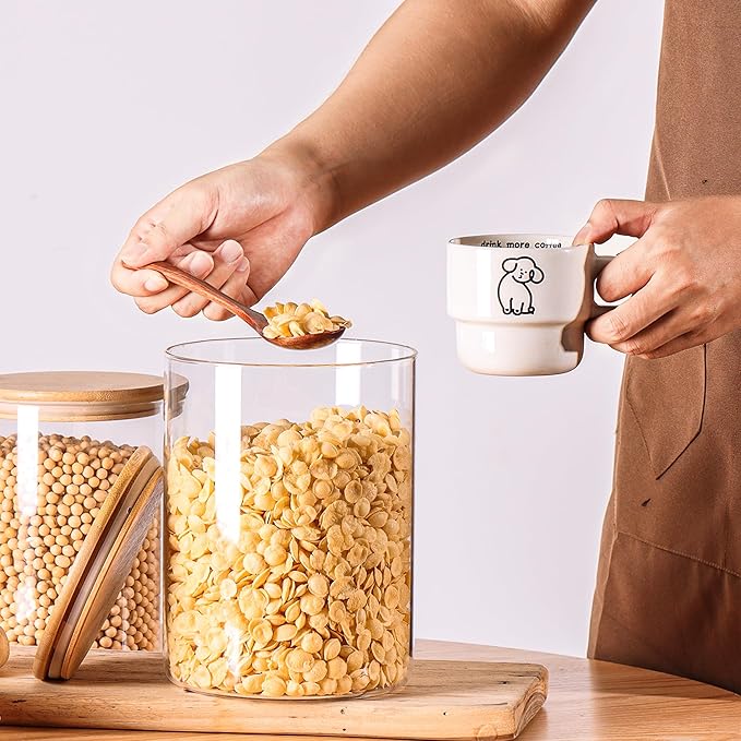 Glass Flour Storage Containers with Lids, Glass Jars with Bamboo Lids, Large Food Storage Jar, Sugar, Pantry Storage Container for Pasta Rice Flour Oats Nuts Tea Spice (Round 27oz+54oz+100oz)