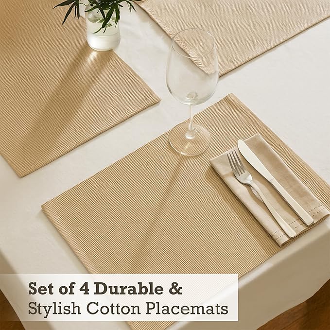 Cloth Placemats Set of 4, Cotton Blend Durable Layered Table Mats, Non-Slip Wrinkle Free Place Mats for Dining Table, Easy to Clean (Croissant Brown, 13x19 Inch)