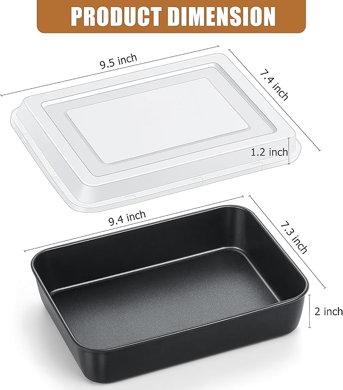 E-far Baking Pan with Lid, 9.4 x 7.3 x 2 Inch Nonstick Rectangle Stainless Steel Cake Pan Sheet for Toaster Oven, Small Black Bakeware for Cakes Brownies Casseroles, Non-toxic & Healthy, Set of 2