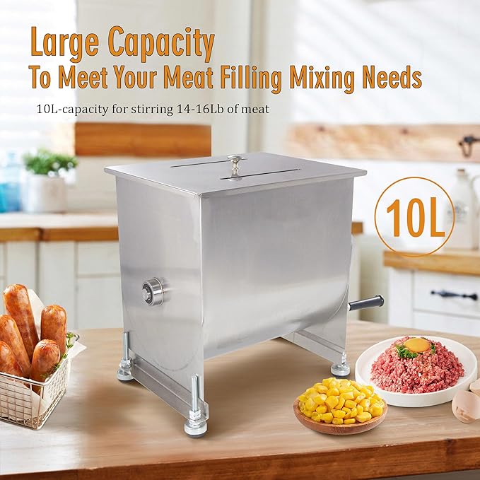 CMI Commercial Stainless Steel Manual Meat Mixers with lid,16Lb/10L Fixed Tank,(Mixing Maximum 15Lb for Meat),Sausage Mixer Machine Meat Processing Equipment