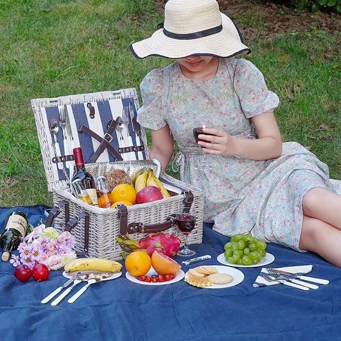 Picnic Basket Sets for 4 Persons with Insulation Layer,Waterproof Picnic Blanket, Tableware for Family,Party,Outdoor Living,Camping