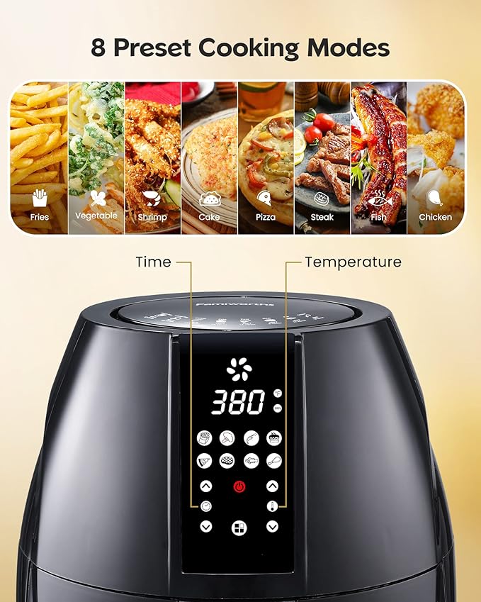 Famiworths Air Fryer, 6.3QT XL Large Electric Hot Airfryer Oven Oilless Cooker, Digital One-Touch Screen with 8 Cooking Mode, Nonstick Basket and Grill Shelf, Includes Cooking Tong, 1500W, Black