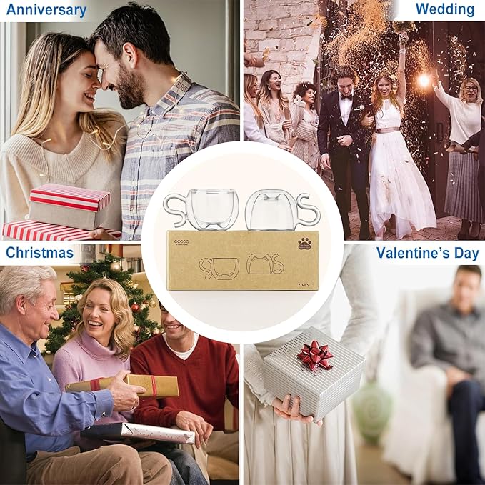 ecooe 4.4 Oz Cute Cat Double Wall Glasses Espresso Cups Set of 2, Demitasse Cups, Espresso Shots Coffee Cups Birthday Christmas Gifts for Women,Men, Mum, Kids, 130 ml (full capacity)