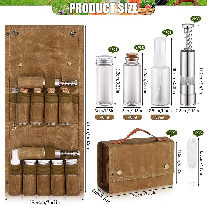 TOBWOLF Camping Spice Kit with 9 Jars, 2 Salt/Pepper Grinders, Portable Spice Bag, Foldable Canvas Seasoning Storage Bag Organizer, Mini Condiment Container Set for Outdoor Camping Picnic BBQ - Khaki