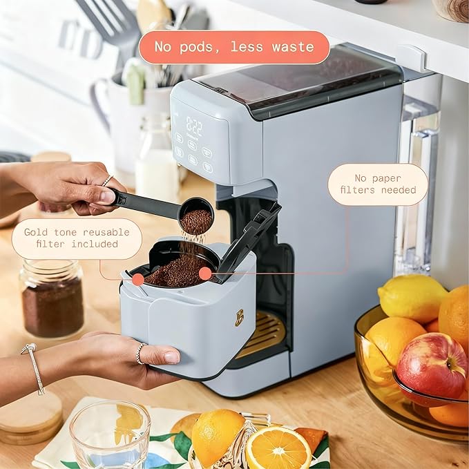 Beautiful Perfect Grind Programmable Single Serve Coffee Maker with Touch Display and Integrated Burr Grinder, Auto Coffee Strength Selection, 64oz Water Reservoir (Cornflower Blue)